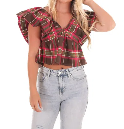Day + Moon Rustic Retreat Plaid Babydoll Top In Brown