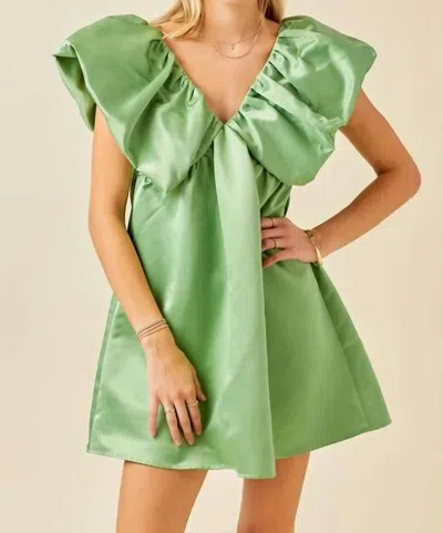 Day + Moon Satin Volume Shoulder Mini Dress In Sage In Green
