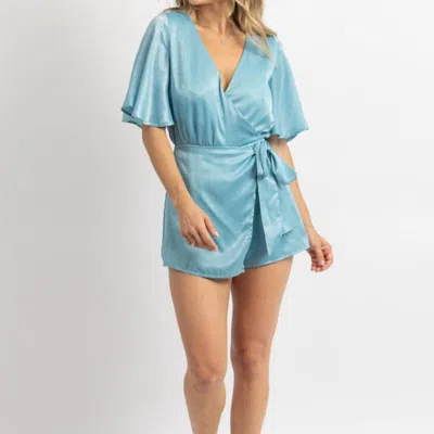 Day + Moon Satin Wrap Romper In Ocean Green In Blue