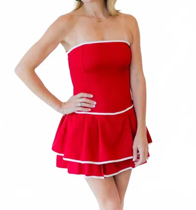 Day + Moon Strapless Drop Waist Pleated Mini Romper Dress In Red