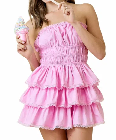 Day + Moon Strapless Tiered Lace Trim Mini In Pink