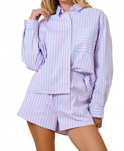 Day + Moon Striped Button Down Collared Set In Blue And Pink Stripe In Purple