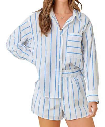 Day + Moon Striped Poplin Button Down Shirt In White/blue In Multi