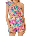 DAY + MOON TROPICAL PRINT ONE SHOULDER TOP AND SHORTS SET IN HOT PINK MULTI