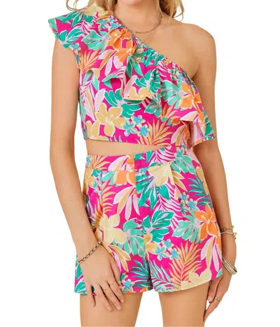 Day + Moon Tropical Print One Shoulder Top And Shorts Set In Hot Pink Multi