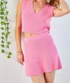 Day + Moon V-neck Cropped Top And Mini Skirt Sweater Set In Candy Pink In Multi