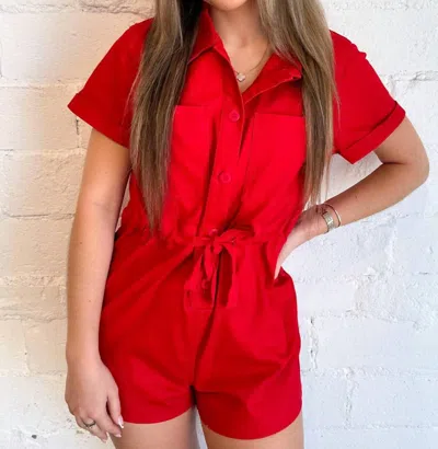 Day + Moon Washed Denim Romper In Red