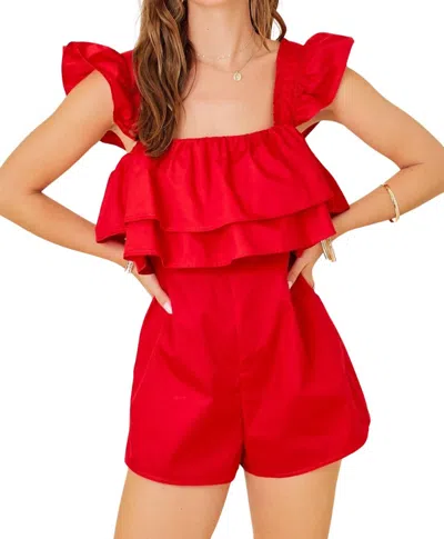Day + Moon Women's Double Ruffle Square Neck Romper In Red