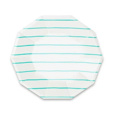 Daydream Society Frenchie Striped Large  Plates In Aqua