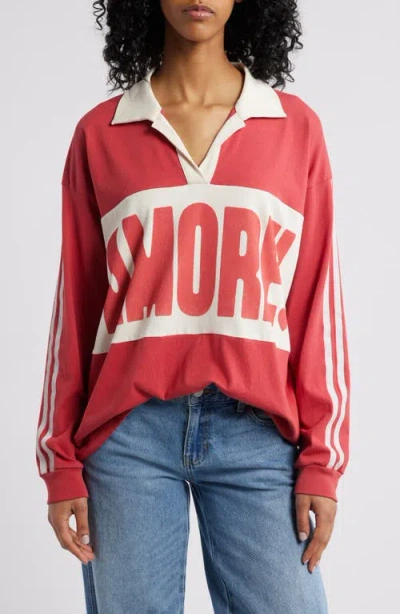 Daydreamer Amore Stripe Cotton Graphic Rugby Shirt In Washed Scarlet