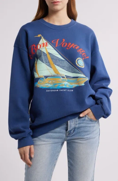 Daydreamer Bon Voyage Cotton Graphic Sweatshirt In Washed Indigo