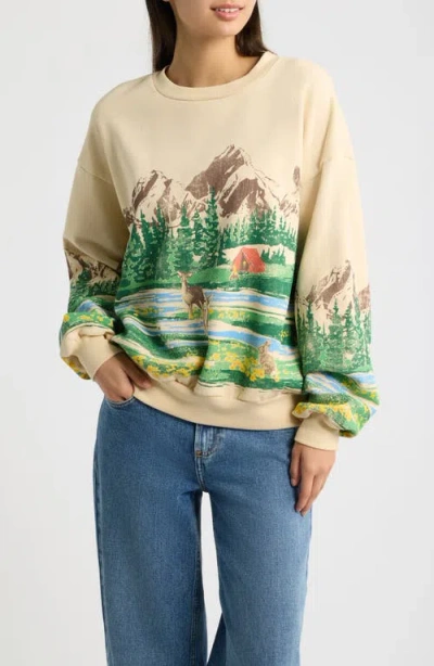 Daydreamer Campsite Scene Graphic Oversized Sweatshirt In Neutral