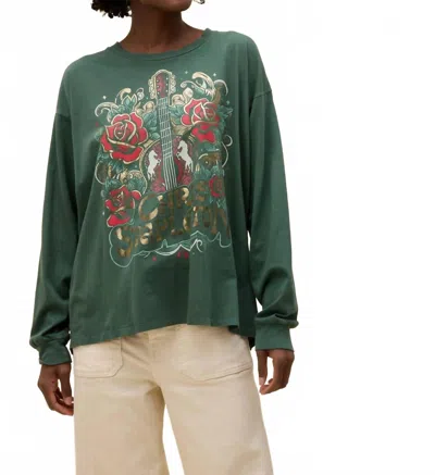 Daydreamer Chris Stapleton Guitar & Roses Long Sleeve Top In Deep Green