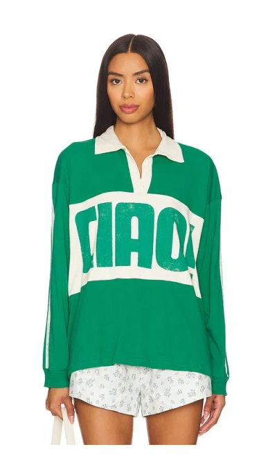 Daydreamer Ciao Rugby Long Sleeve Top In Jade & White