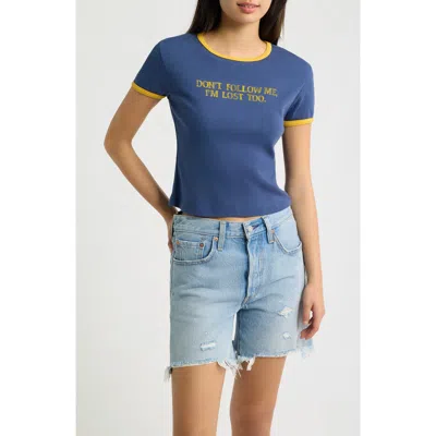 Daydreamer Don't Follow Me Graphic Ringer T-shirt In Blue