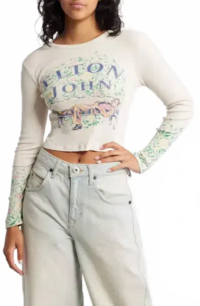 Daydreamer Elton John Floral Pointelle Tee In Beige In White