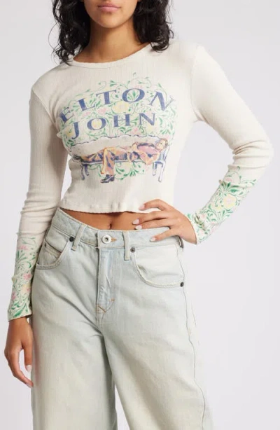 Daydreamer Elton John Floral Pointelle Long Sleeve Cotton Graphic T-shirt In Dirty White