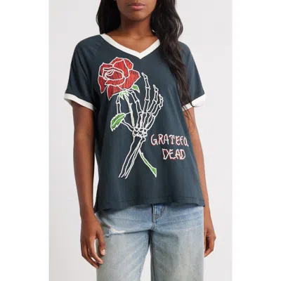Daydreamer Grateful Dead Skeleton Rose Graphic T-shirt In Blue