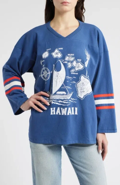 Daydreamer Hawaii Map Long Sleeve V-neck Graphic T-shirt In Washed Indigo Combo