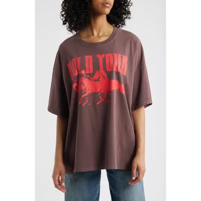 Daydreamer Hold Your Horses Cotton Graphic T-shirt In Brown Stone