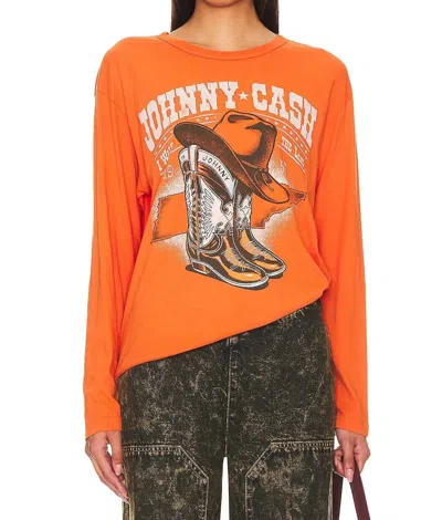 Daydreamer Johnny Cash Boots And Hat Ls Crewneck Tee In Tangerine In Orange