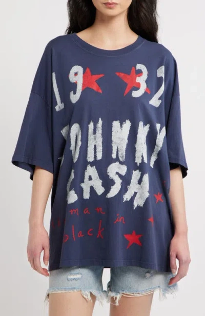 Daydreamer Johnny Cash Doodles Oversized Graphic Tee In Blue