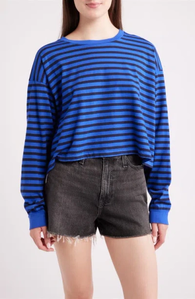 Daydreamer Meet N Greet Striped Long Sleeve Cropped T-shirt In Blue