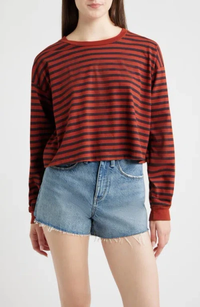 Daydreamer Meet N Greet Striped Long Sleeve Cropped T-shirt In Burgundy