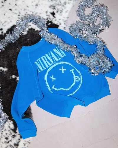 Daydreamer Nirvana Smiley Reverse Raglan Crew In Washed Cobalt In Blue