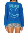Daydreamer Nirvana Smiley Reverse Raglan Crew In Washed Cobalt In Multi