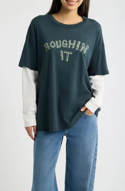 Daydreamer Roughin It Graphic Two-fer Tee In Vintage Black Combo