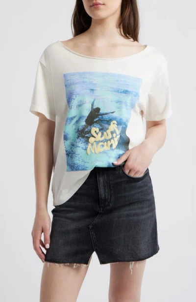 Daydreamer Surf Mania Off The Shoulder Graphic Tee In Neutral