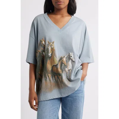 Daydreamer Wild Horses Oversize V-neck Cotton Graphic T-shirt
