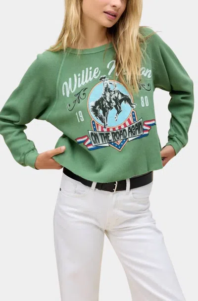 Daydreamer Willie Nelson 1980 Cowboy Raglan Thermal Sweatshirt In Stone Green