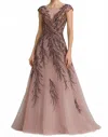 Daymor Embellished Illusion V Neck Evening Gown In Mauve Multi In Multi