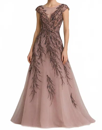 Daymor Embellished Illusion V Neck Evening Gown In Mauve Multi