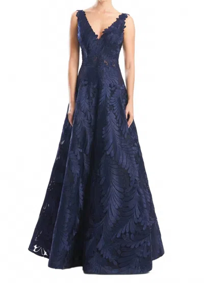 Daymor Leaf Embroidered Evening Dress In Navy In Blue