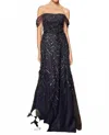 Daymor Off Shoulder A-line Gown In Navy