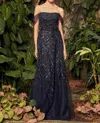 Daymor Tulle Off The Shoulder Beaded Ball Gown In Navy