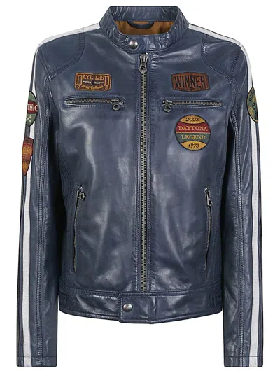 Daytona 73 Wartburgy Leather Moto Jacket In Blue