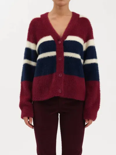 Daze Bleeker Fuzz Cardigan In Fig Navy Stripe In Multi