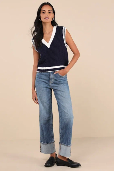 Daze Denim Eastside Medium Wash Distressed High-rise Cuffed Denim Jeans In Blue