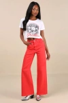 Daze Denim Far Out Red High-rise Raw Hem Wide-leg Jeans In Red