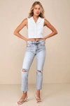Daze Denim Shy Girl Light Wash Cropped Distressed High-rise Flare Jeans In Blue