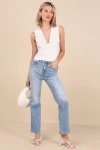 Daze Denim Soho Light Wash Distressed High-rise Flare Jeans In Blue