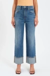 Daze Eastside High Waist Cuff Crop Straight Leg Jeans In Blue