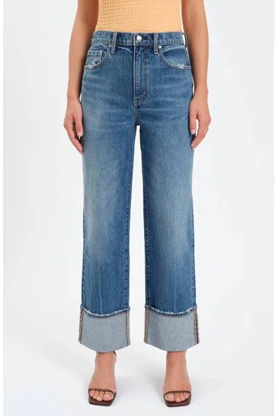 Daze Eastside High Waist Cuff Crop Straight Leg Jeans In Med Wash In Blue