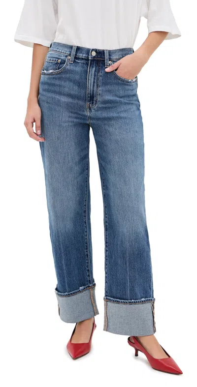 Daze Eastside High Waist Cuff Crop Straight Leg Jeans In Med Wash In Blue