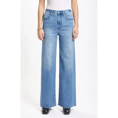 Daze Far Out High Waist Raw Hem Wide Leg Jeans In Blue
