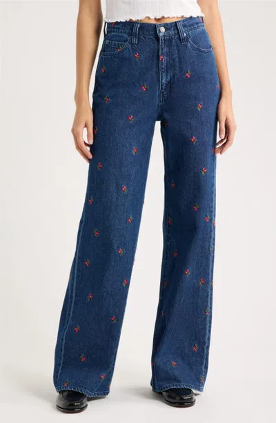 Daze Farout Embroidered Wide Leg Jeans In Cherry Avenue